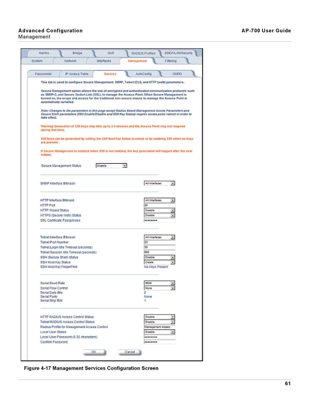 Proxim AP-700 manual Management Services Configuration Screen 