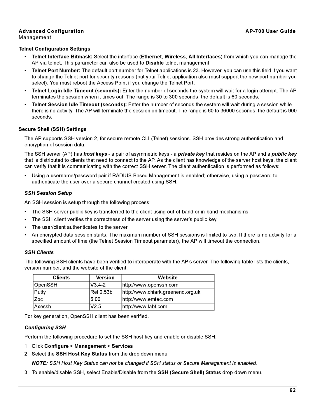 Proxim AP-700 manual SSH Session Setup, SSH Clients, Configuring SSH 