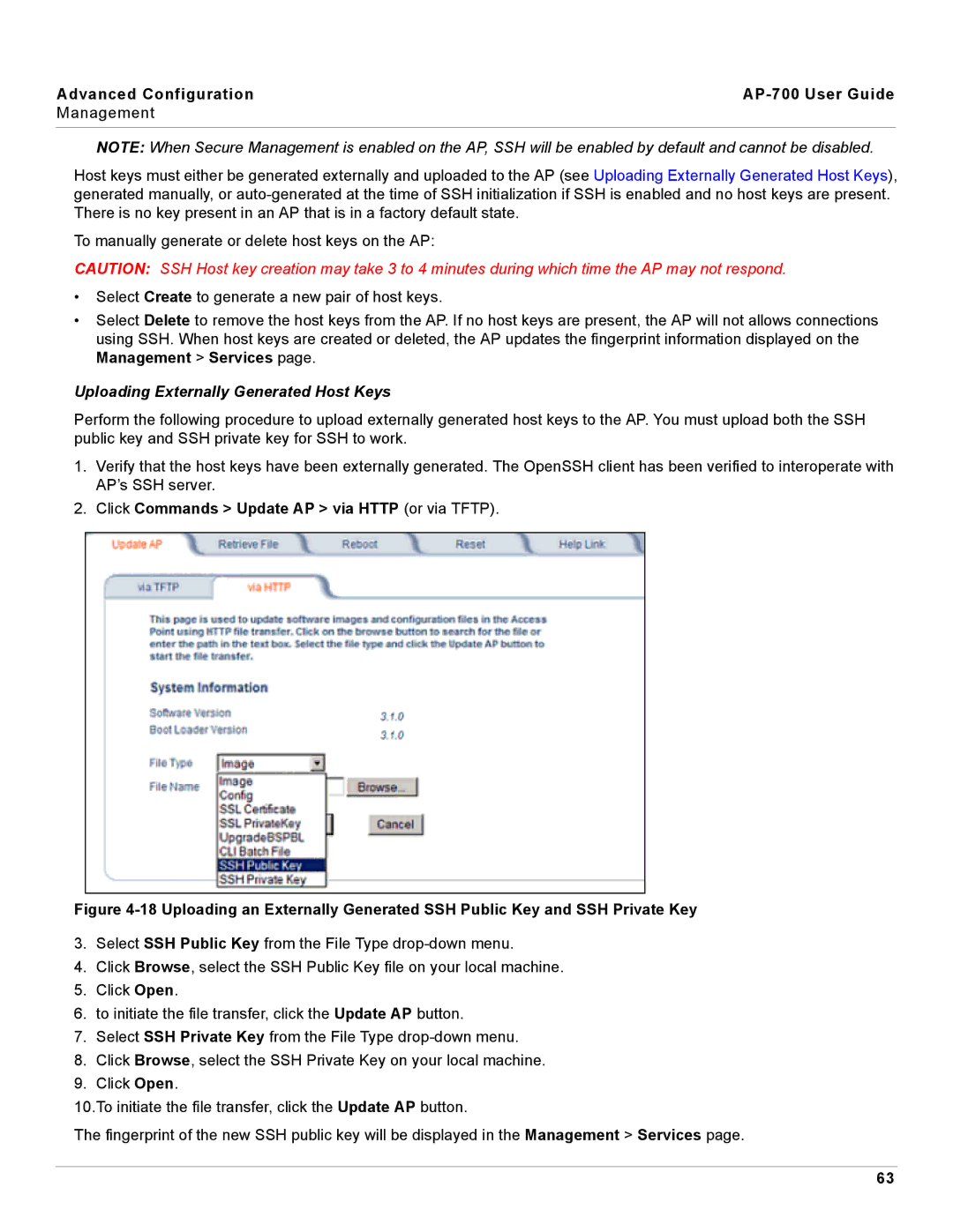 Proxim AP-700 manual Uploading Externally Generated Host Keys, Click Commands Update AP via Http or via Tftp 