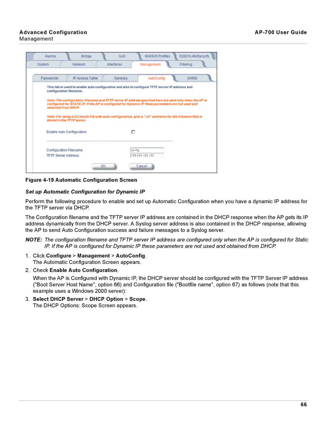 Proxim AP-700 manual Automatic Configuration Screen, Set up Automatic Configuration for Dynamic IP 