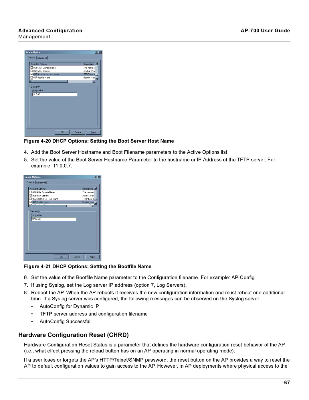 Proxim AP-700 manual Hardware Configuration Reset Chrd, Dhcp Options Setting the Boot Server Host Name 