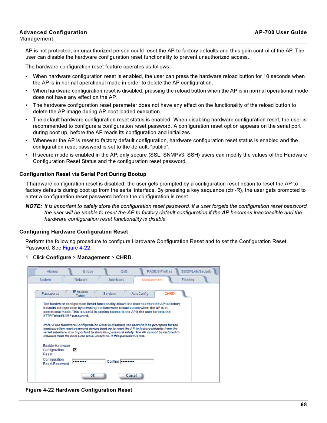 Proxim AP-700 manual Configuration Reset via Serial Port During Bootup, Configuring Hardware Configuration Reset 