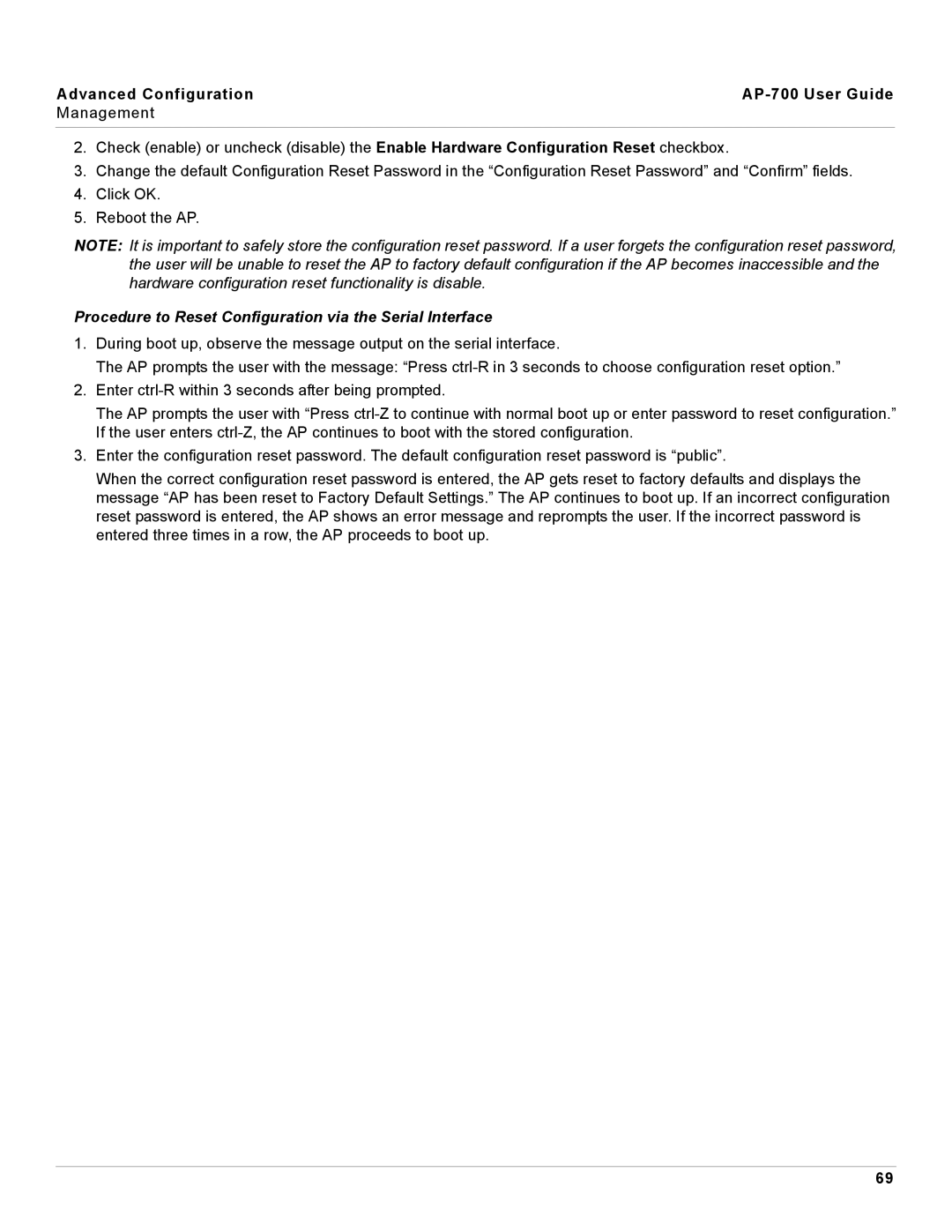 Proxim AP-700 manual Procedure to Reset Configuration via the Serial Interface 