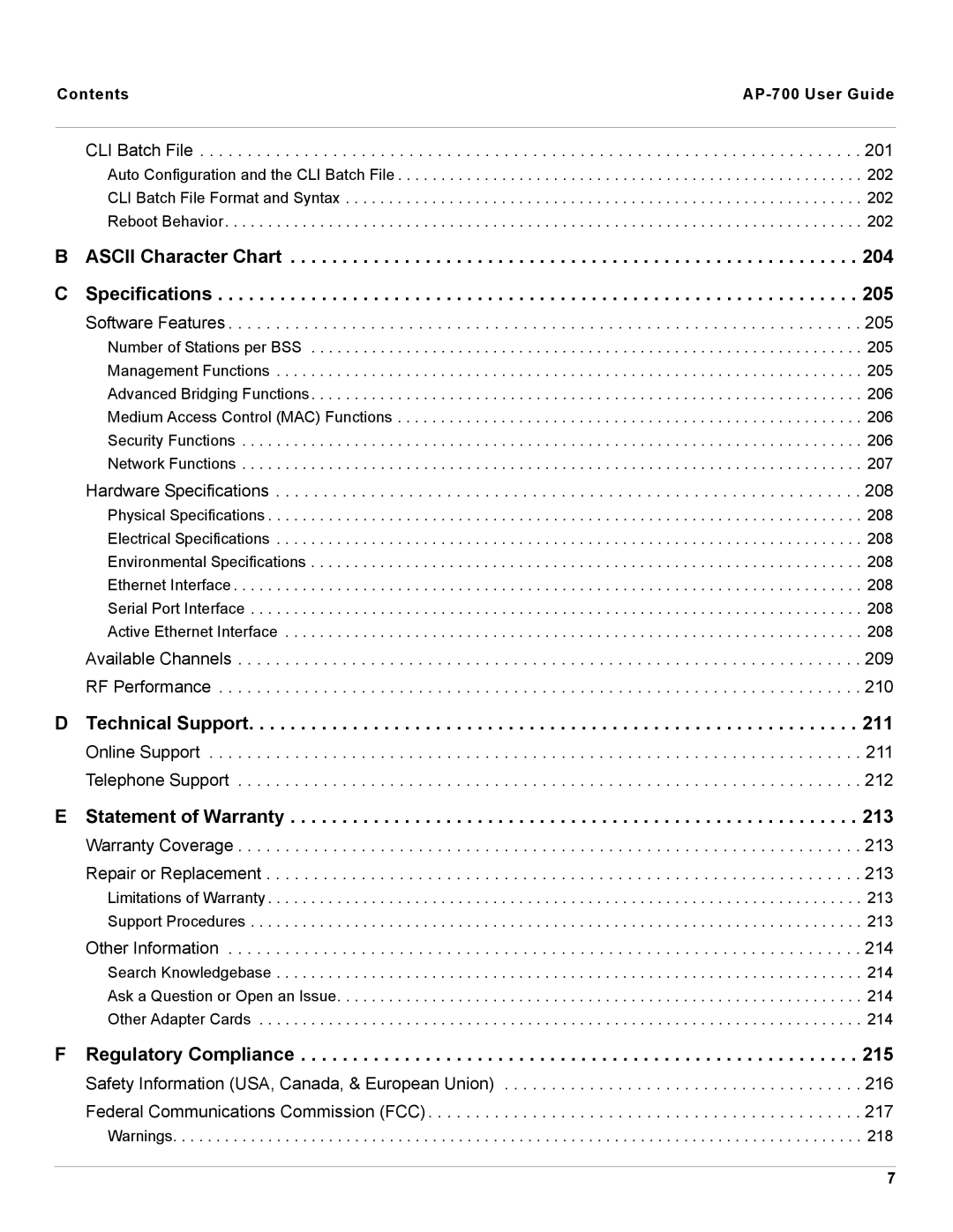 Proxim AP-700 Ascii Character Chart C Specifications, Technical Support, Statement of Warranty, Regulatory Compliance 