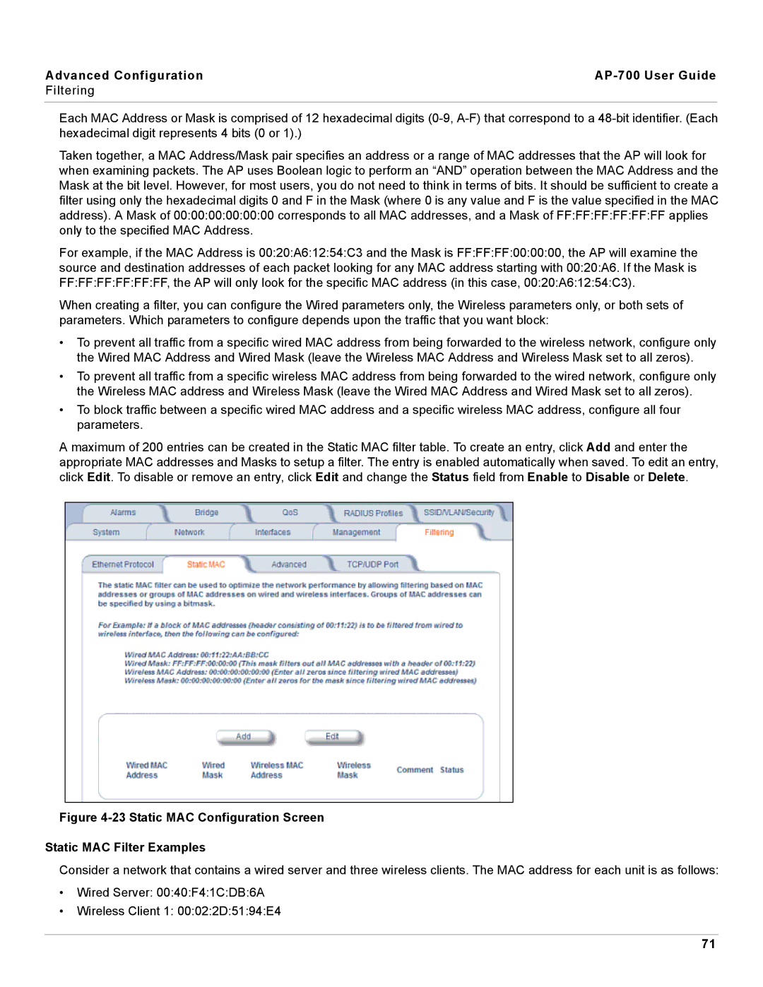 Proxim manual Advanced Configuration AP-700 User Guide Filtering 