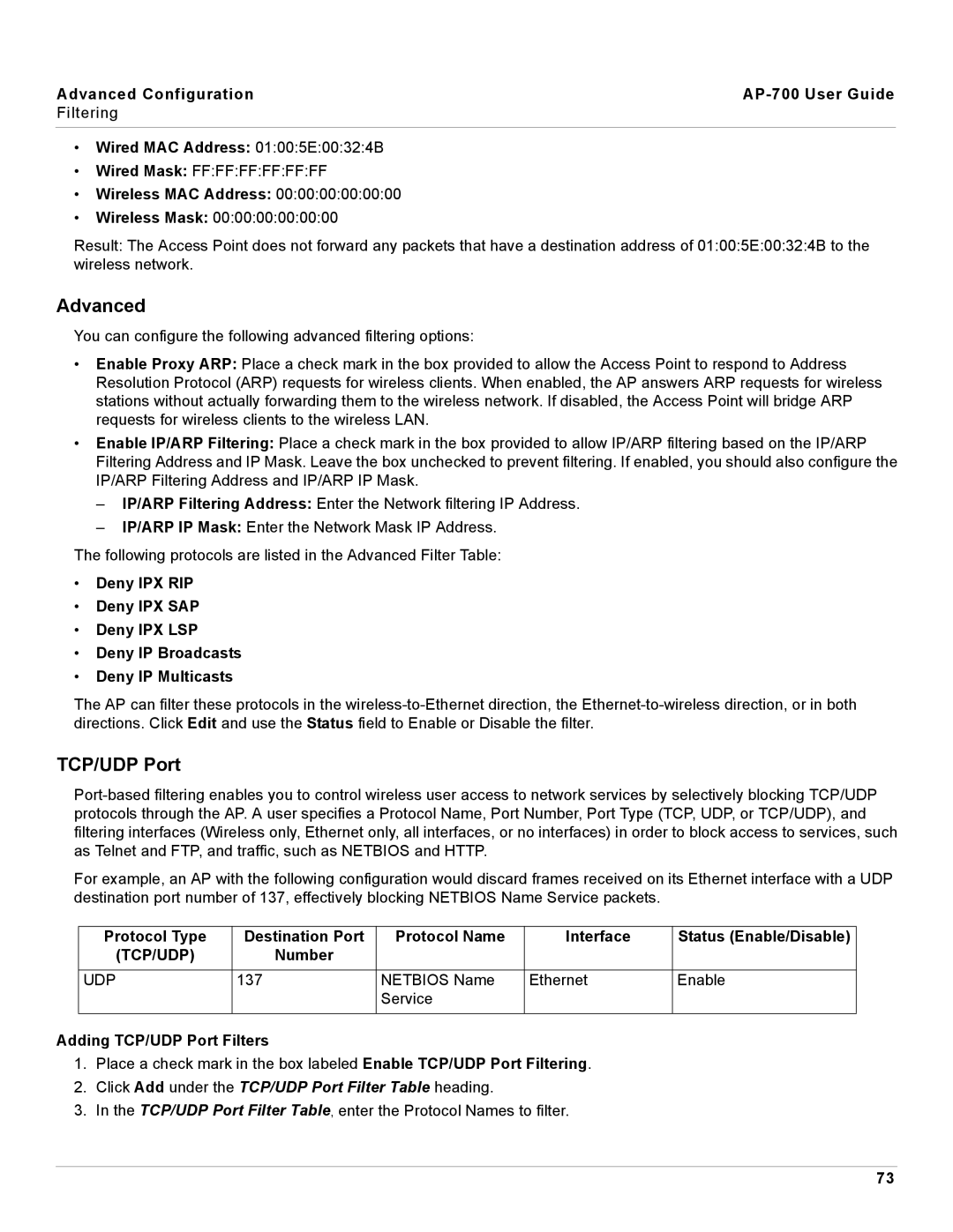 Proxim AP-700 manual Advanced, Number, Click Add under the TCP/UDP Port Filter Table heading 