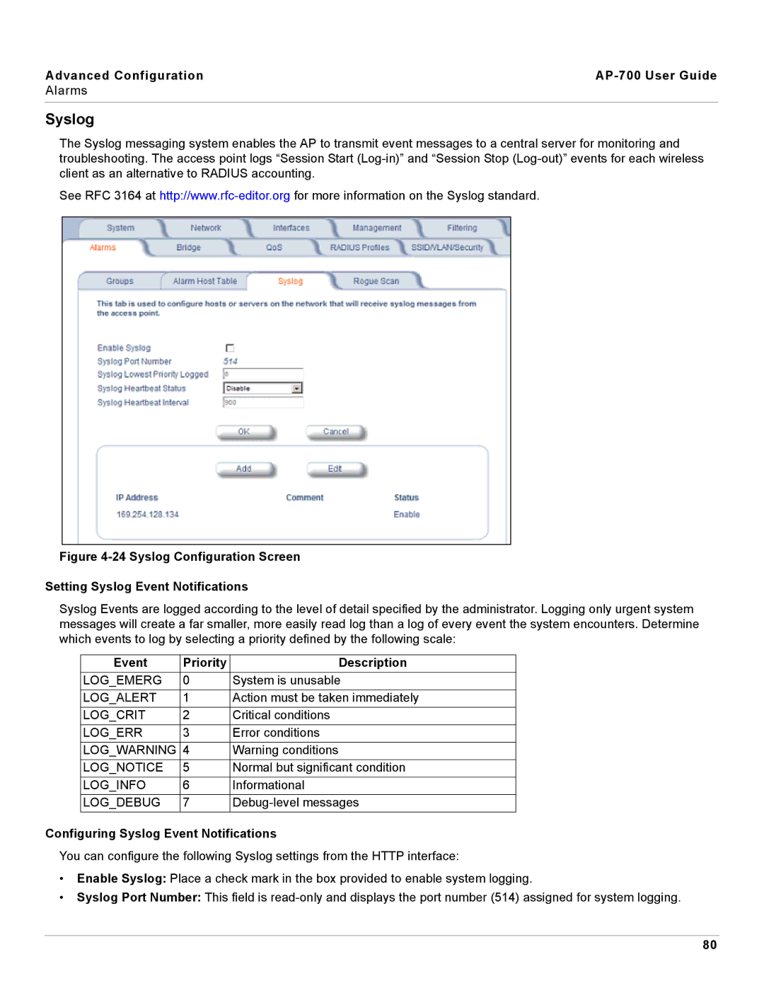 Proxim AP-700 manual Event Priority Description, Configuring Syslog Event Notifications 