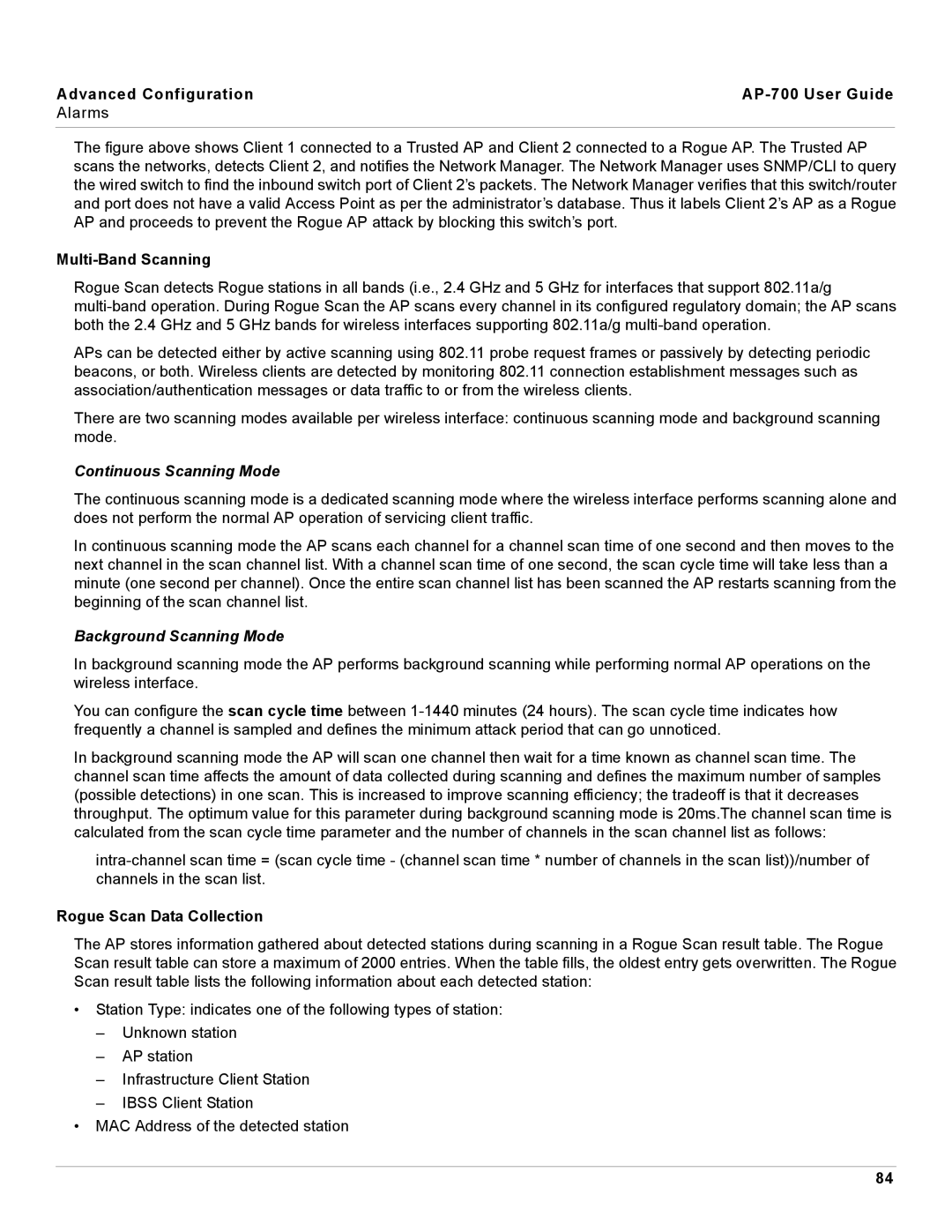 Proxim AP-700 manual Multi-Band Scanning, Continuous Scanning Mode, Background Scanning Mode, Rogue Scan Data Collection 