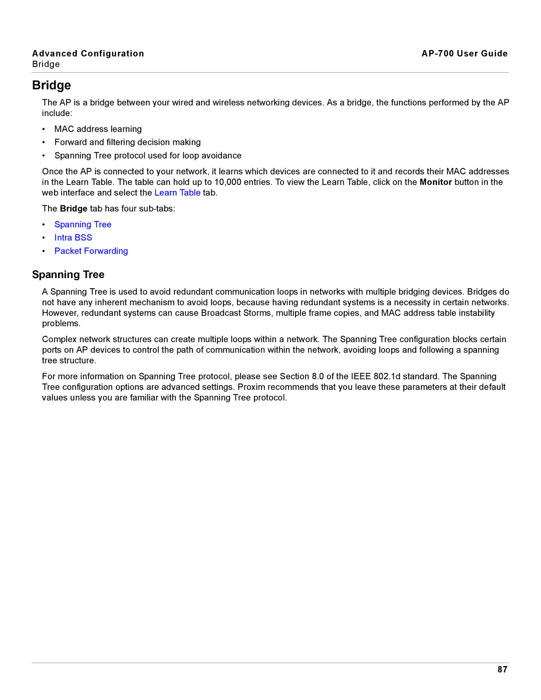 Proxim AP-700 manual Bridge, Spanning Tree 