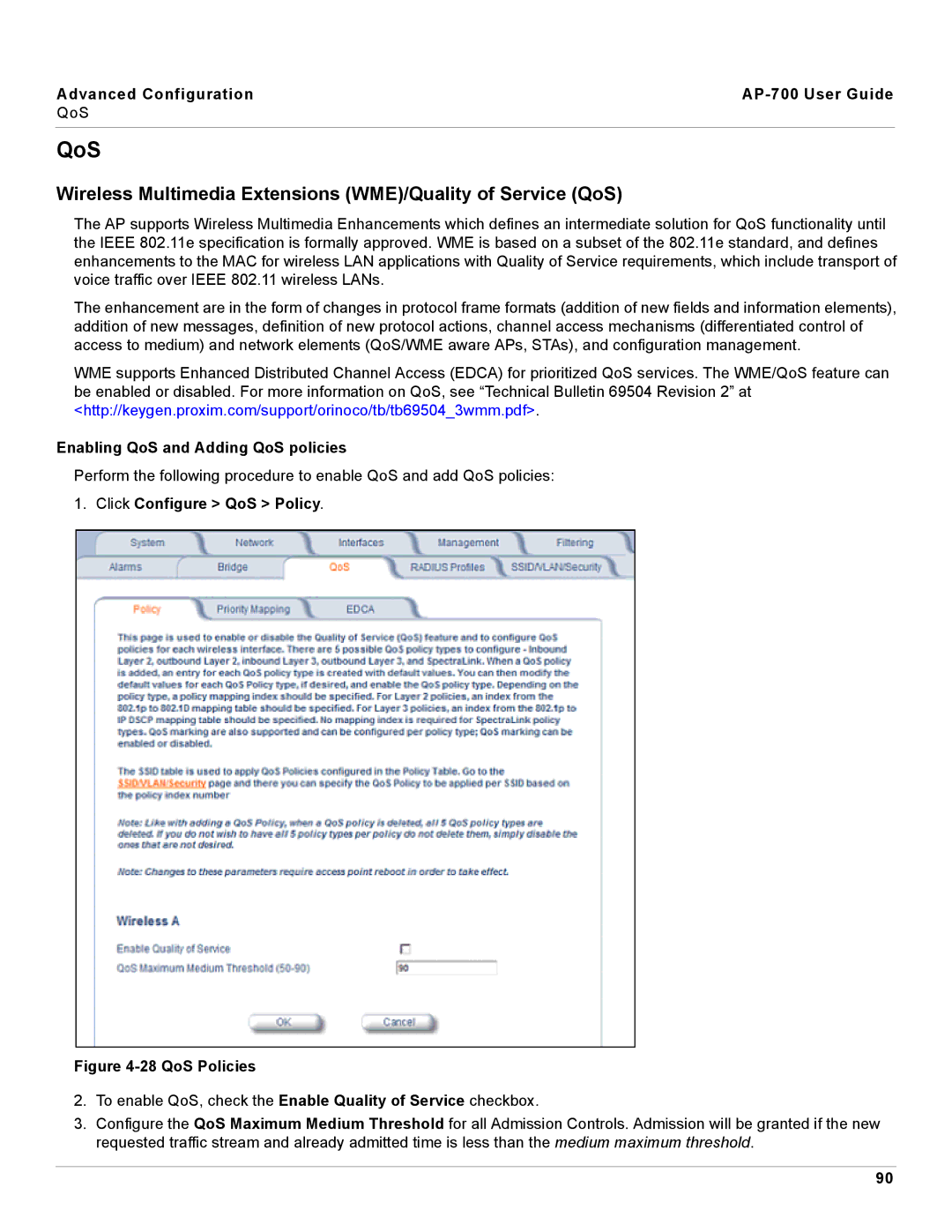 Proxim AP-700 manual Wireless Multimedia Extensions WME/Quality of Service QoS, Enabling QoS and Adding QoS policies 