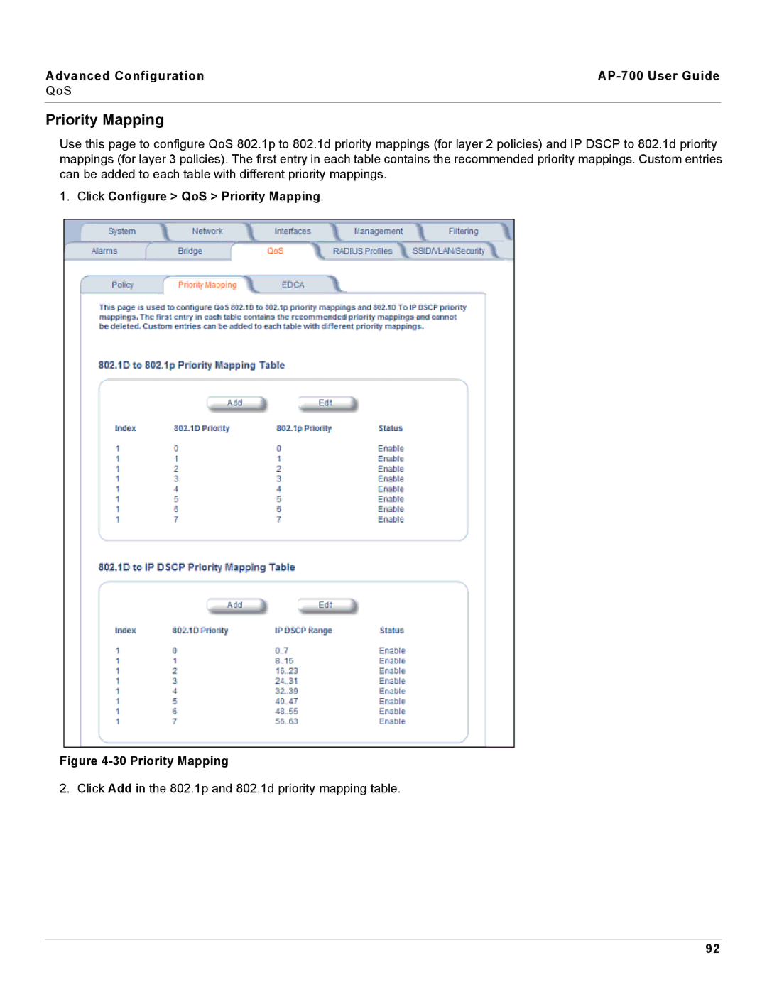 Proxim AP-700 manual Click Configure QoS Priority Mapping 