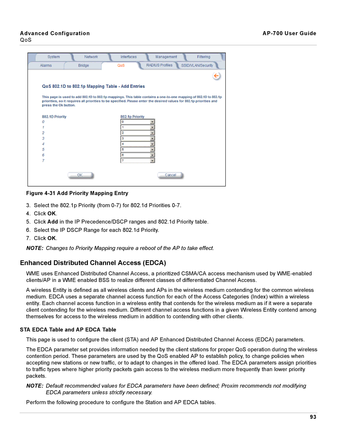 Proxim AP-700 manual Enhanced Distributed Channel Access Edca, STA Edca Table and AP Edca Table 