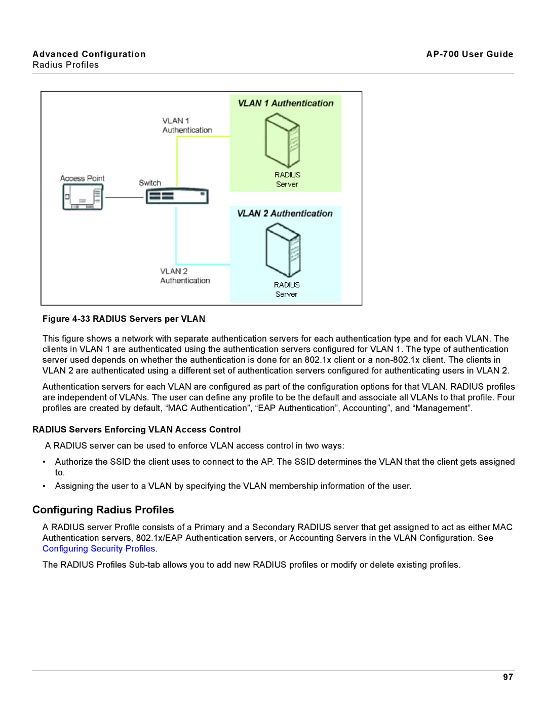 Proxim AP-700 manual Configuring Radius Profiles, Radius Servers Enforcing Vlan Access Control 