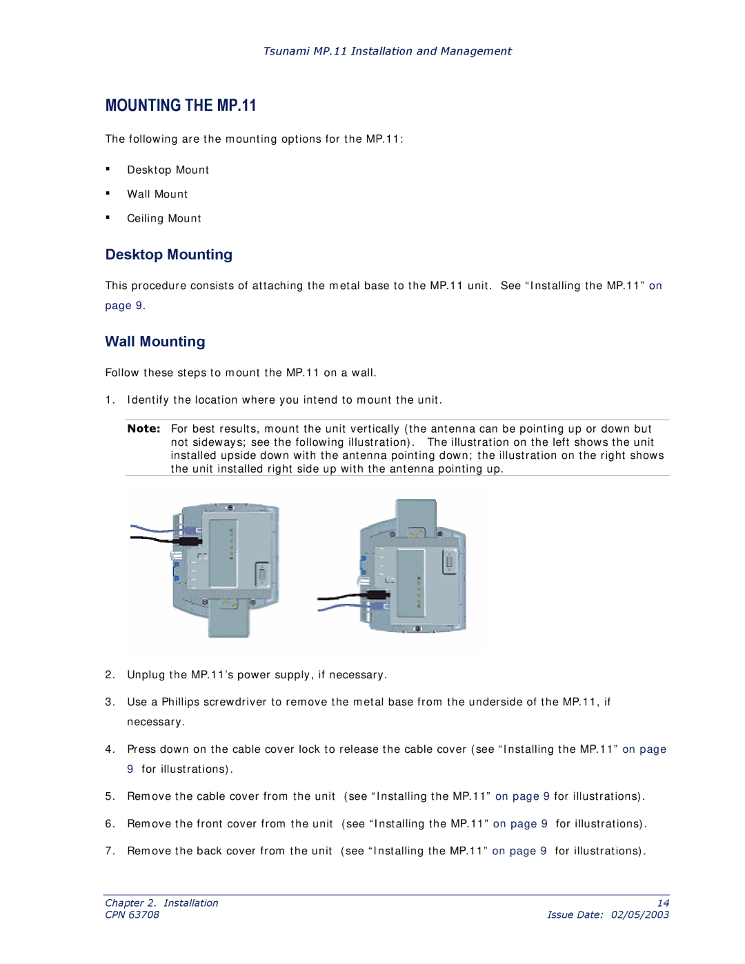 Proxim CPN 63708 manual Mounting the MP.11, Desktop Mounting, Wall Mounting 