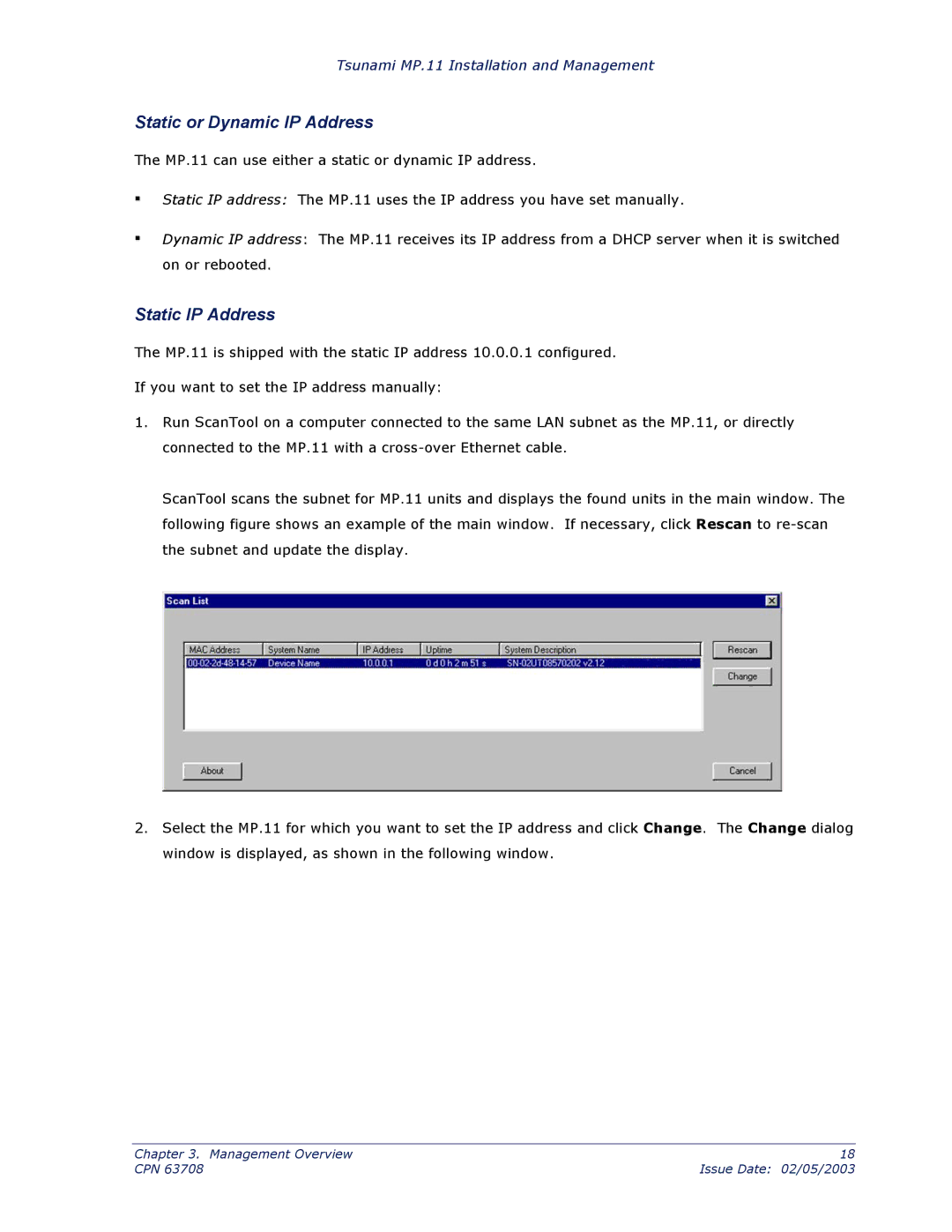 Proxim CPN 63708 manual Static or Dynamic IP Address, Static IP Address 