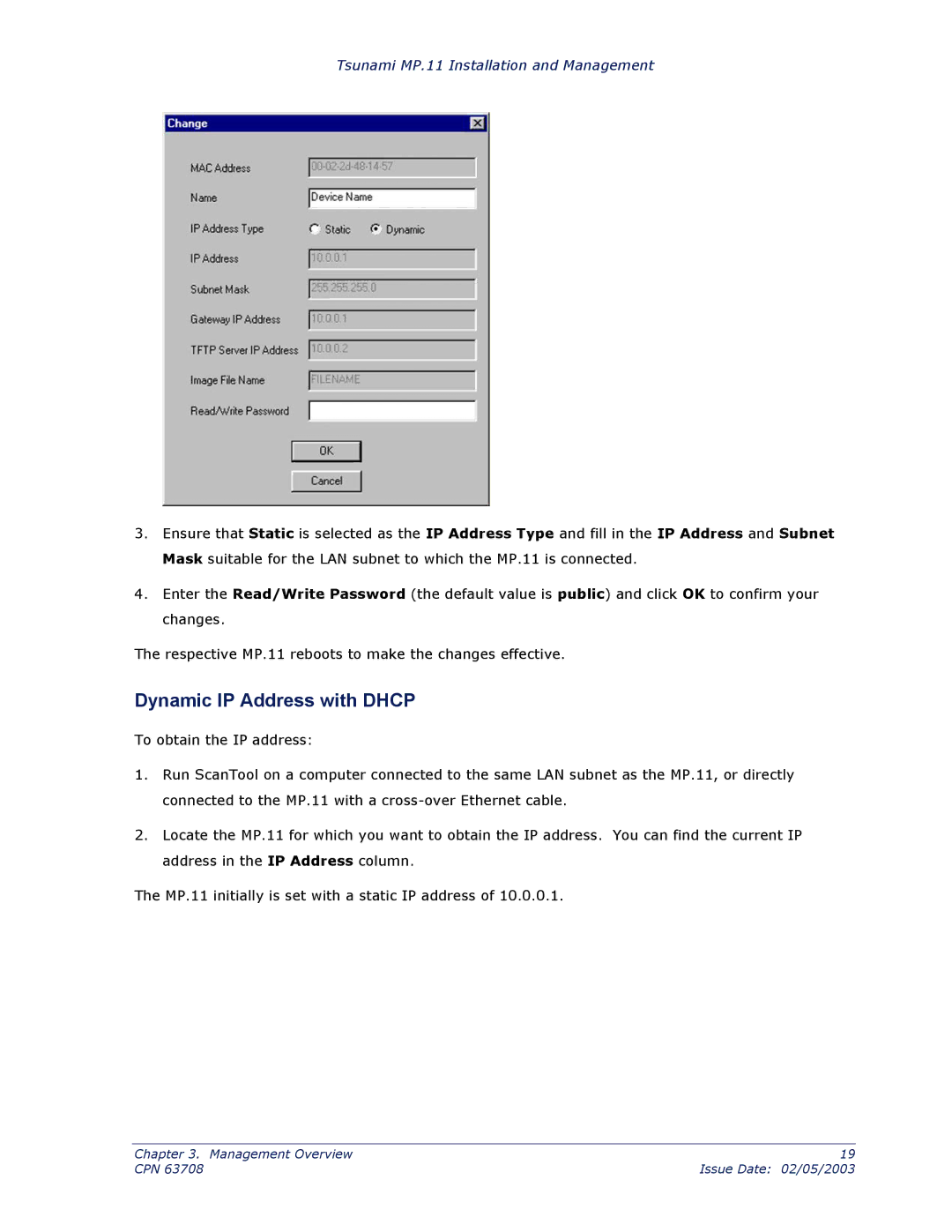 Proxim CPN 63708 manual Dynamic IP Address with Dhcp 