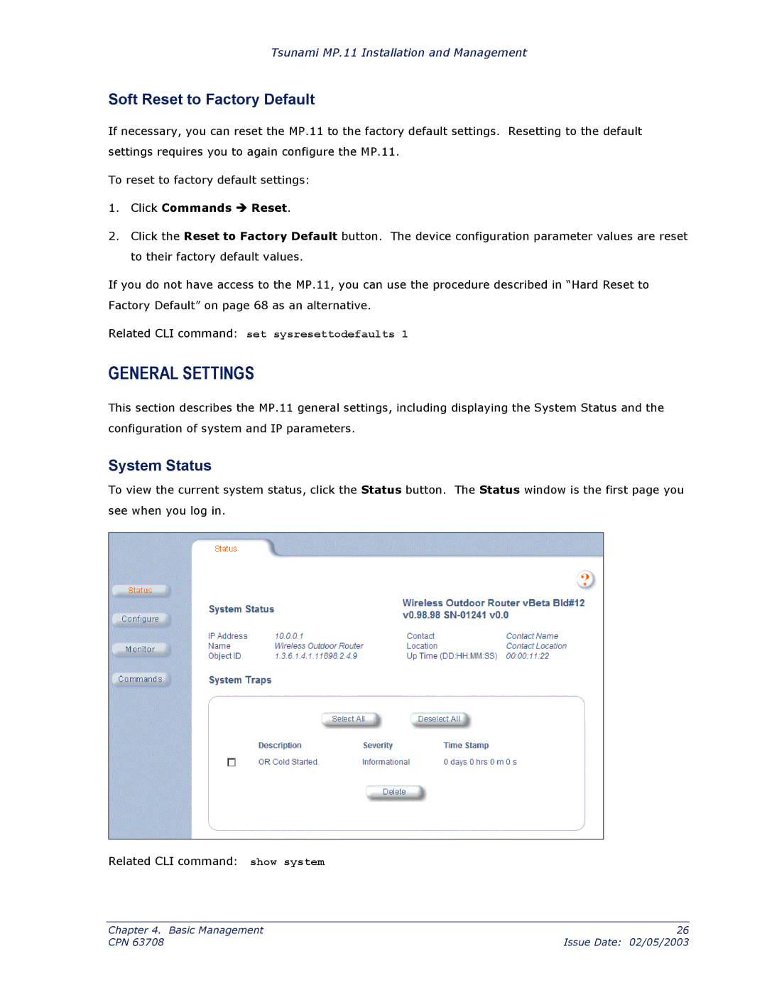 Proxim CPN 63708 manual General Settings, Soft Reset to Factory Default, System Status, Click Commands Î Reset 