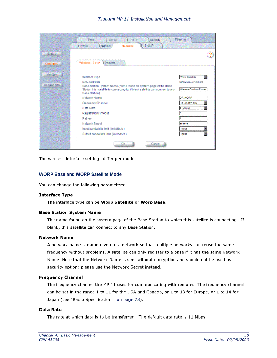 Proxim CPN 63708 manual Interface Type, Base Station System Name, Network Name, Frequency Channel, Data Rate 