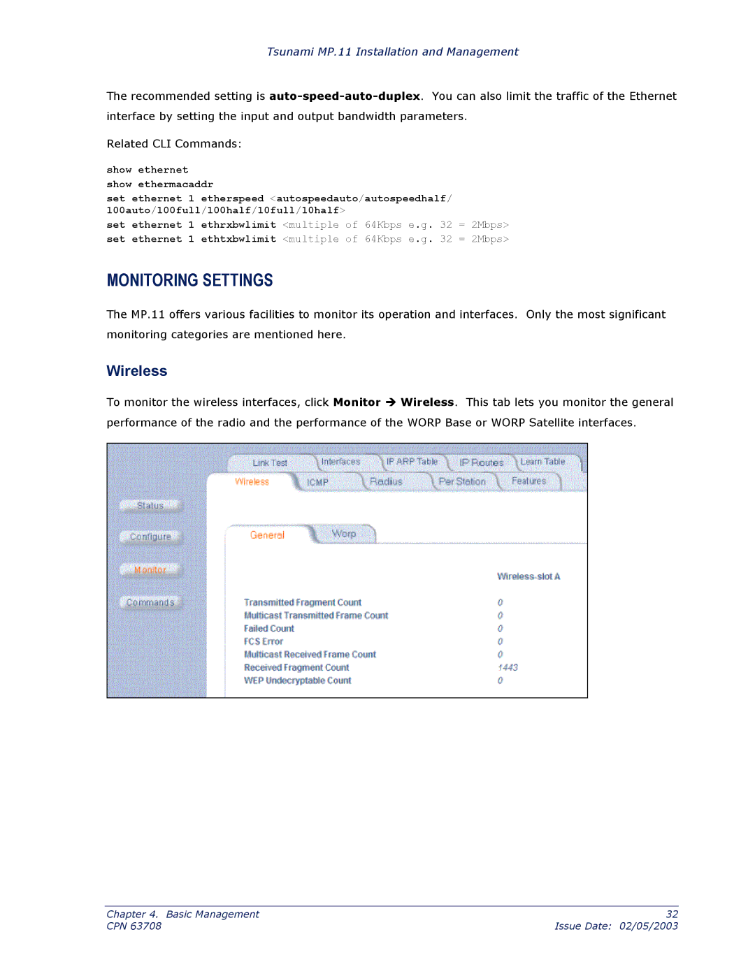 Proxim CPN 63708 manual Monitoring Settings, Wireless 