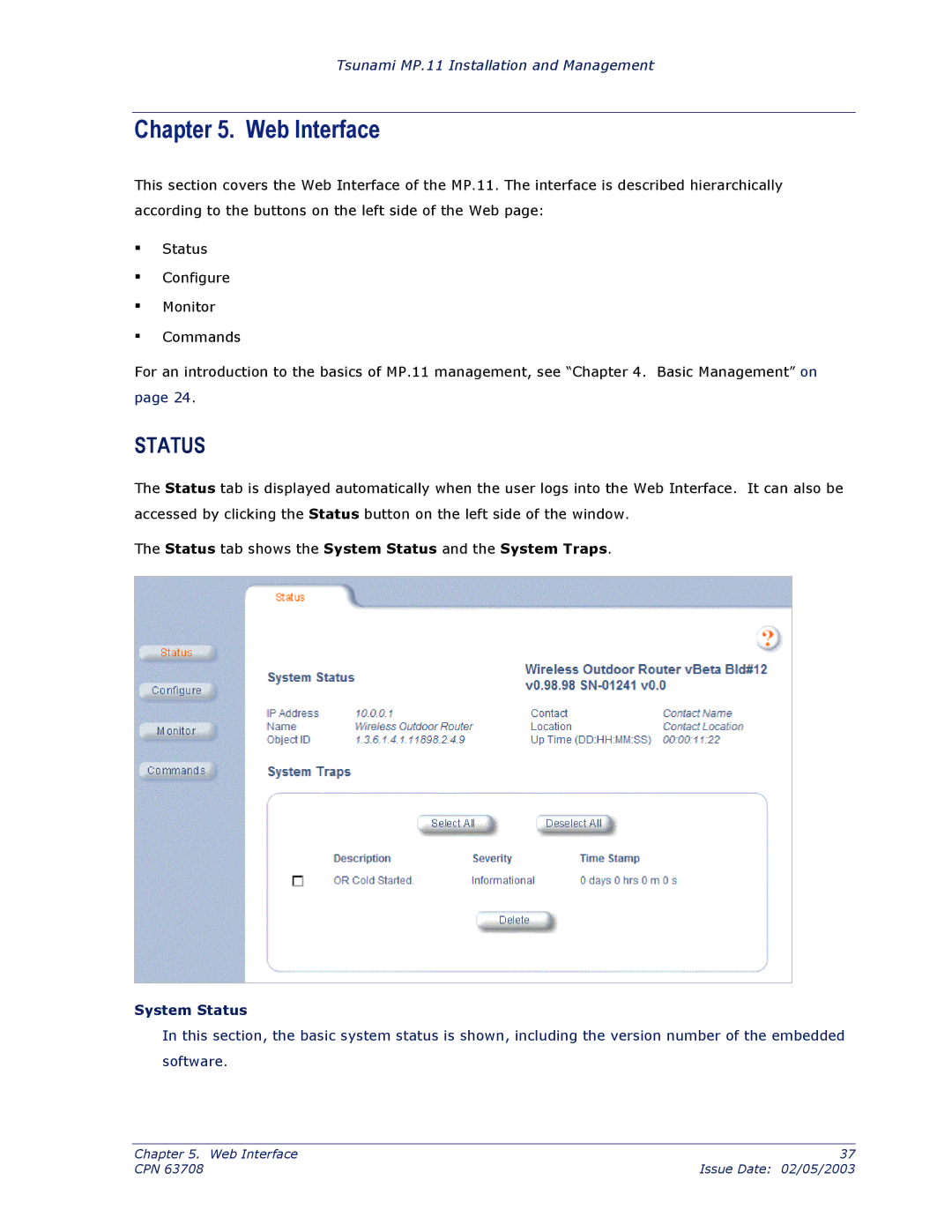 Proxim CPN 63708 manual Web Interface, Status tab shows the System Status and the System Traps 