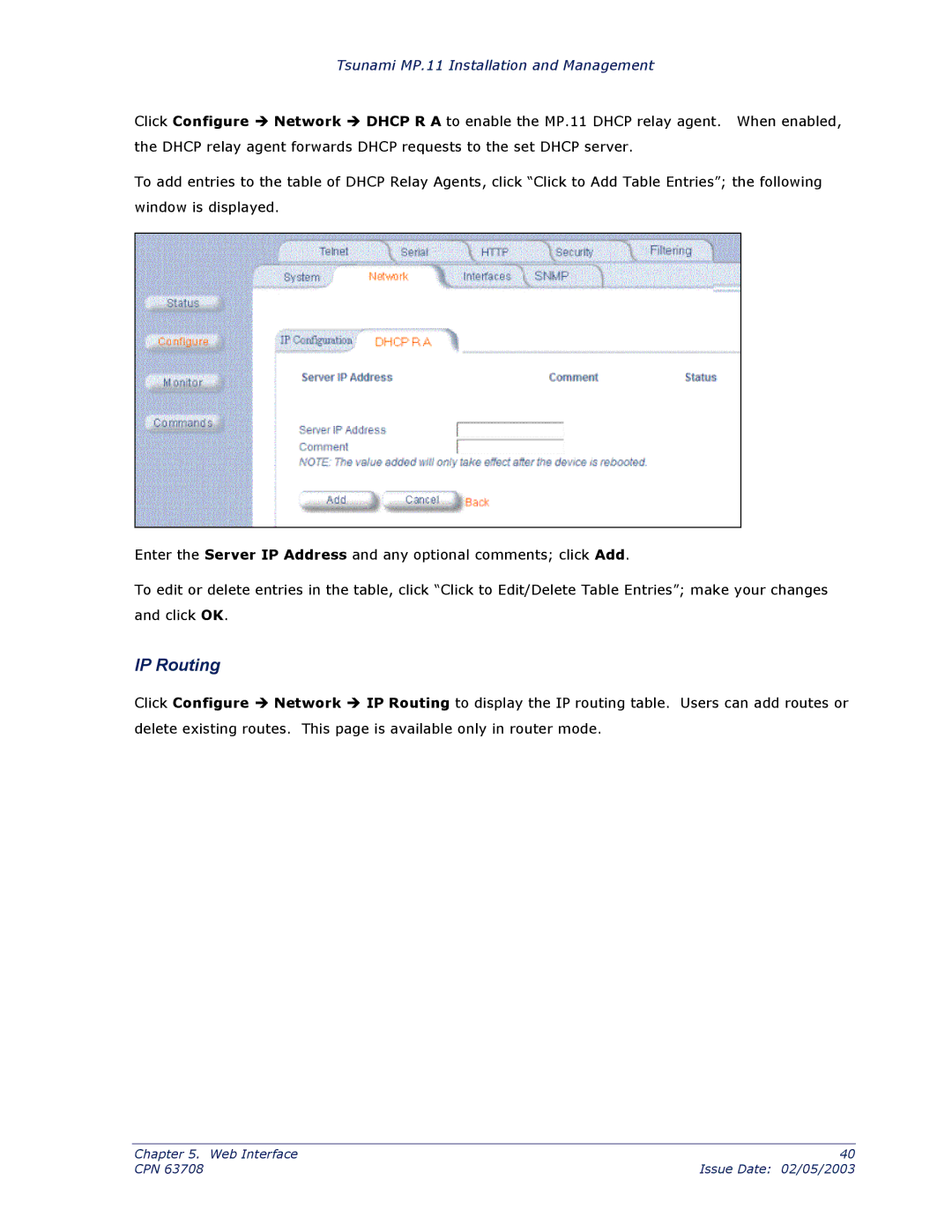 Proxim CPN 63708 manual IP Routing 