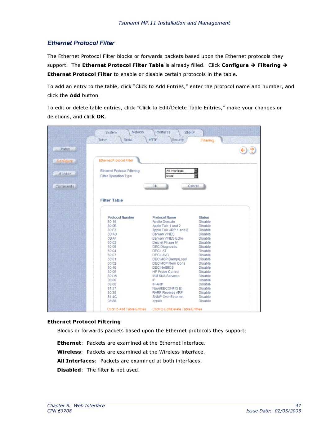 Proxim CPN 63708 manual Ethernet Protocol Filtering 