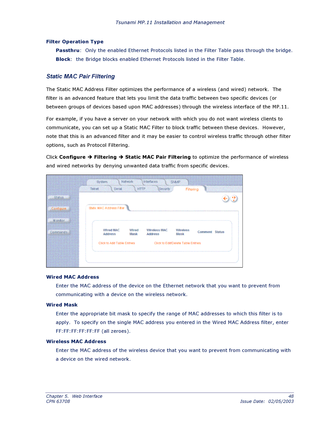 Proxim CPN 63708 Static MAC Pair Filtering, Filter Operation Type, Wired MAC Address, Wired Mask, Wireless MAC Address 