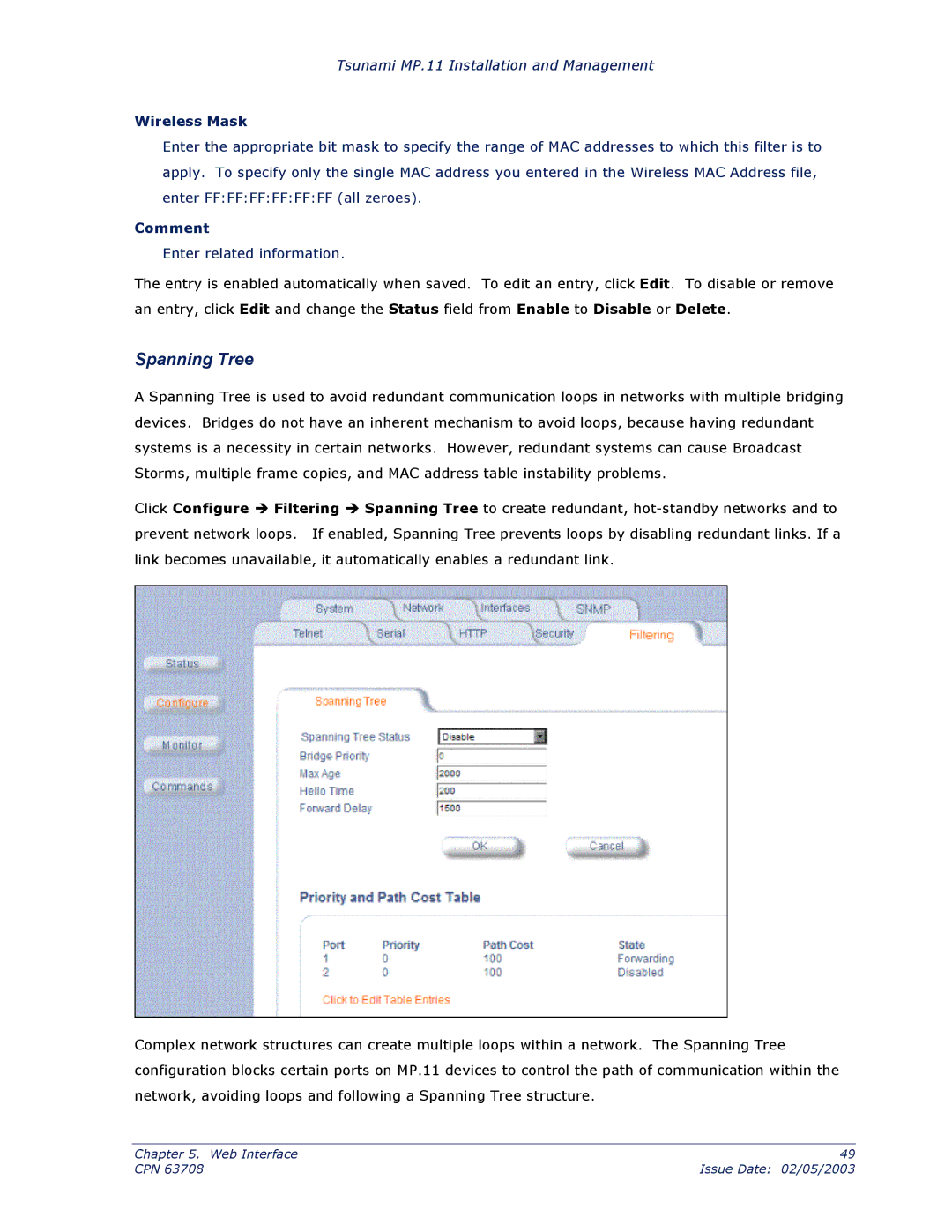 Proxim CPN 63708 manual Spanning Tree, Wireless Mask, Comment 