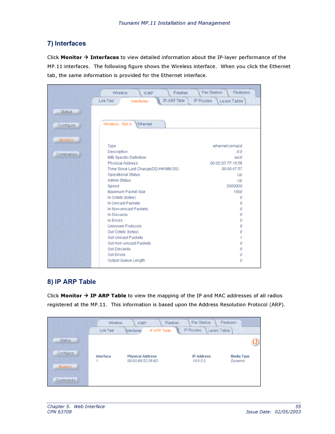 Proxim CPN 63708 manual Interfaces, IP ARP Table 