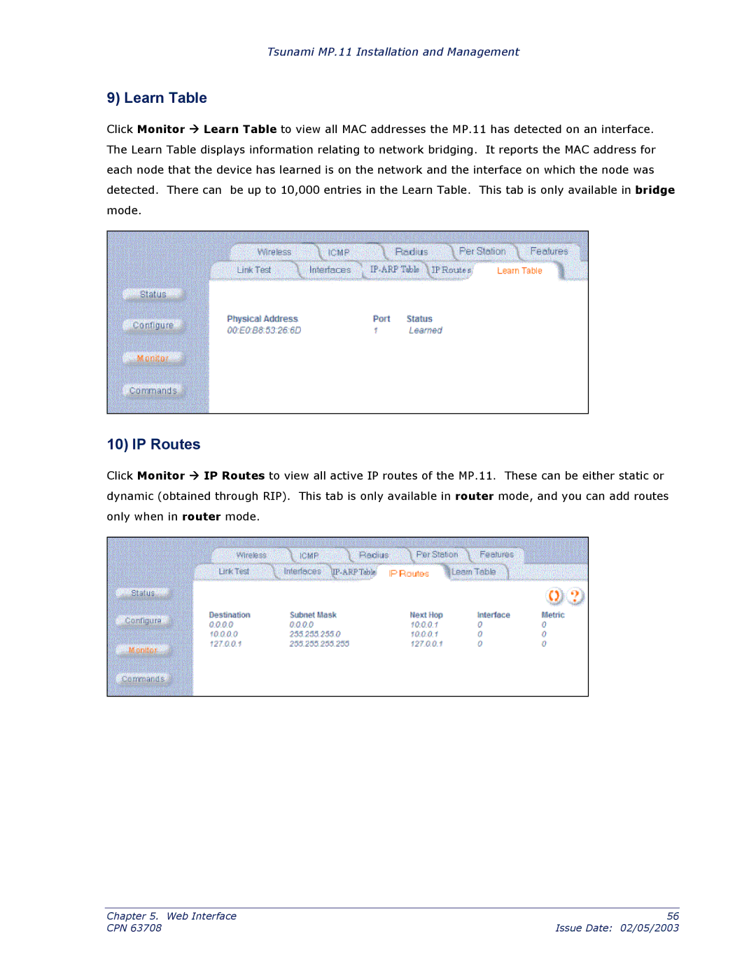 Proxim CPN 63708 manual Learn Table, IP Routes 