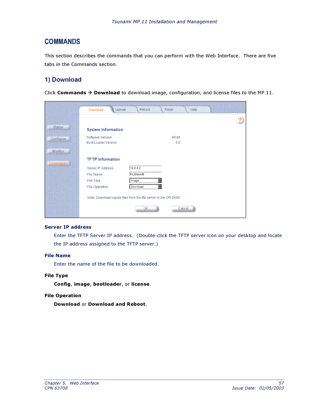 Proxim CPN 63708 manual Commands, Download, Server IP address, File Name 