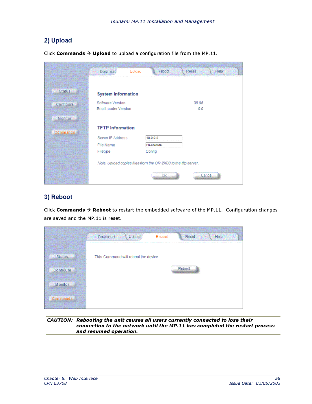 Proxim CPN 63708 manual Upload, Reboot 