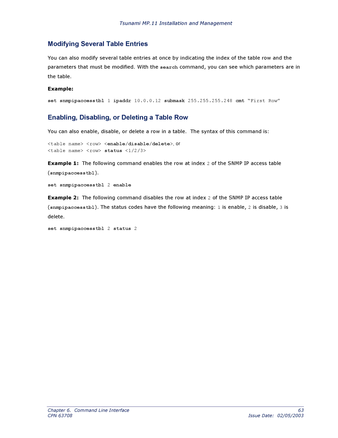 Proxim CPN 63708 manual Modifying Several Table Entries, Enabling, Disabling, or Deleting a Table Row 