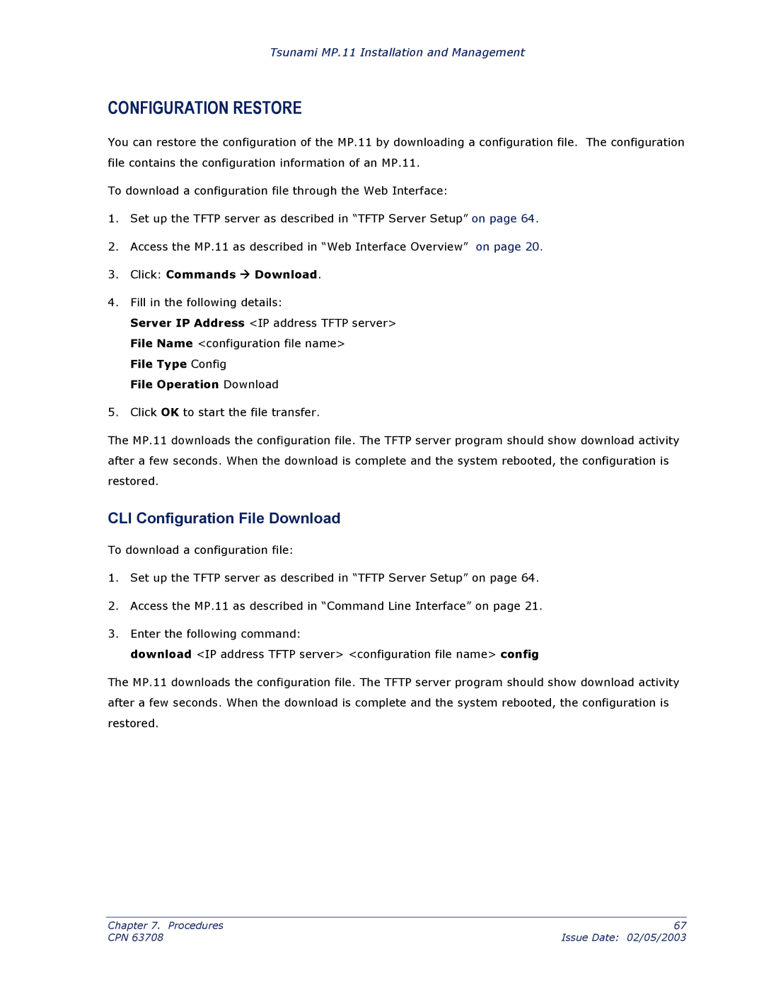 Proxim CPN 63708 manual Configuration Restore, CLI Configuration File Download, File Type Config File Operation Download 