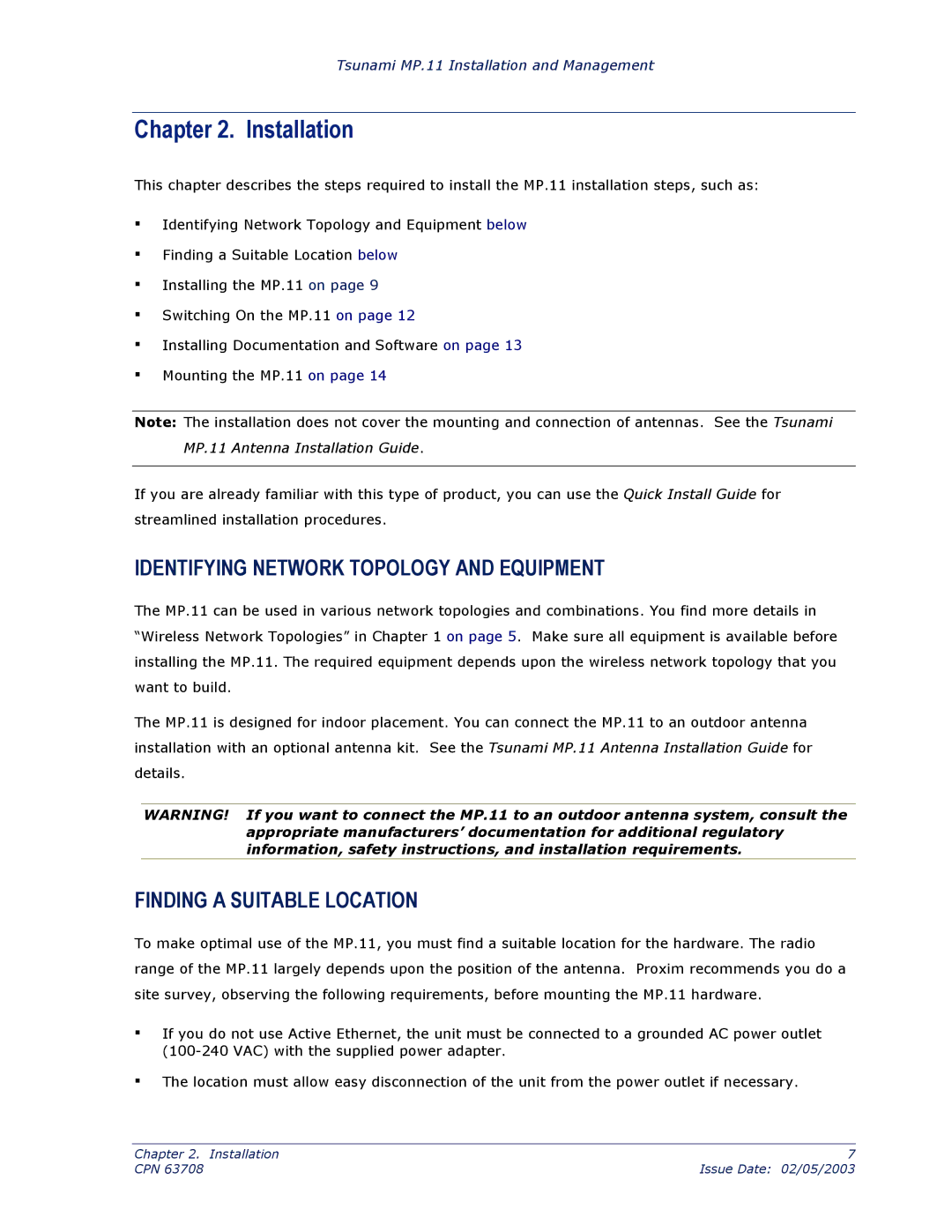 Proxim CPN 63708 manual Installation, Identifying Network Topology and Equipment, Finding a Suitable Location 