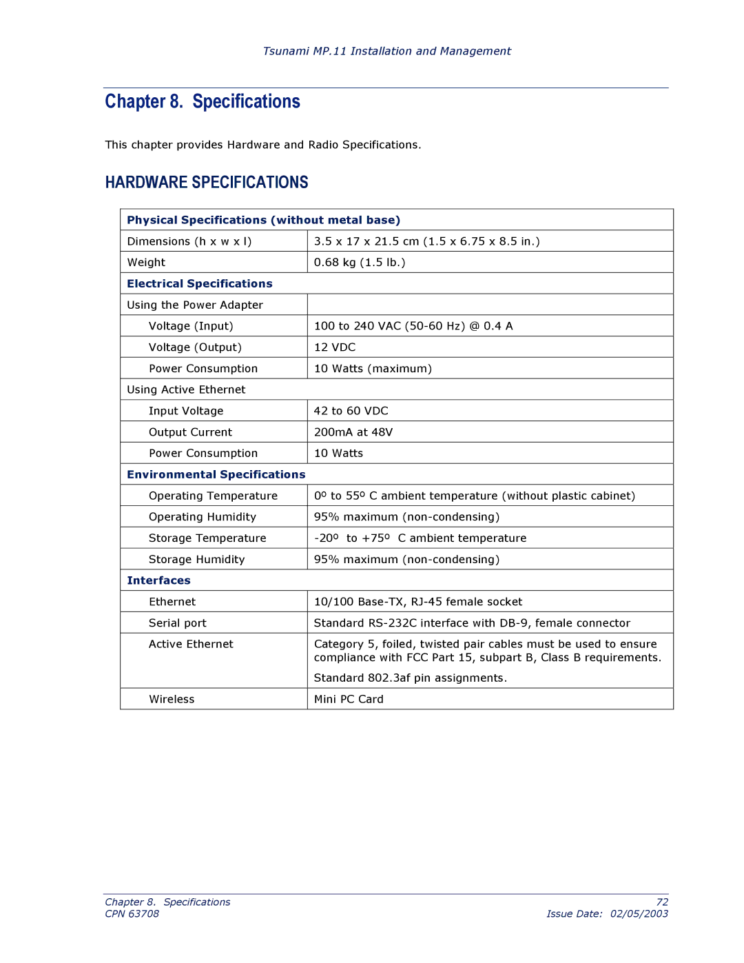 Proxim CPN 63708 manual Hardware Specifications 