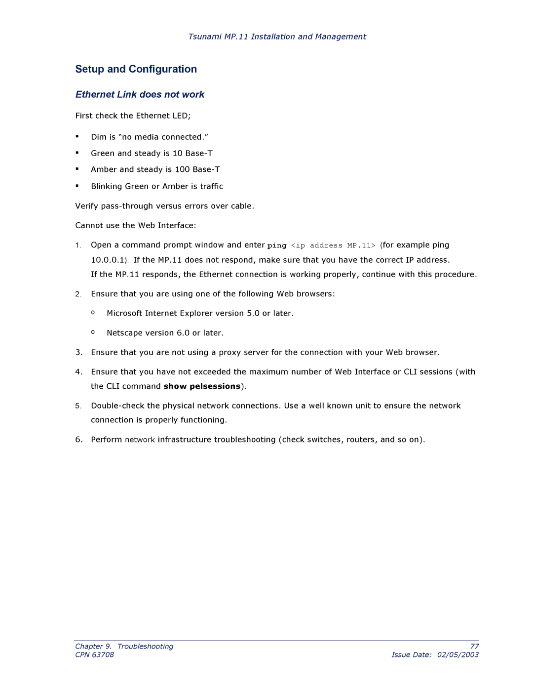 Proxim CPN 63708 manual Setup and Configuration, Ethernet Link does not work 