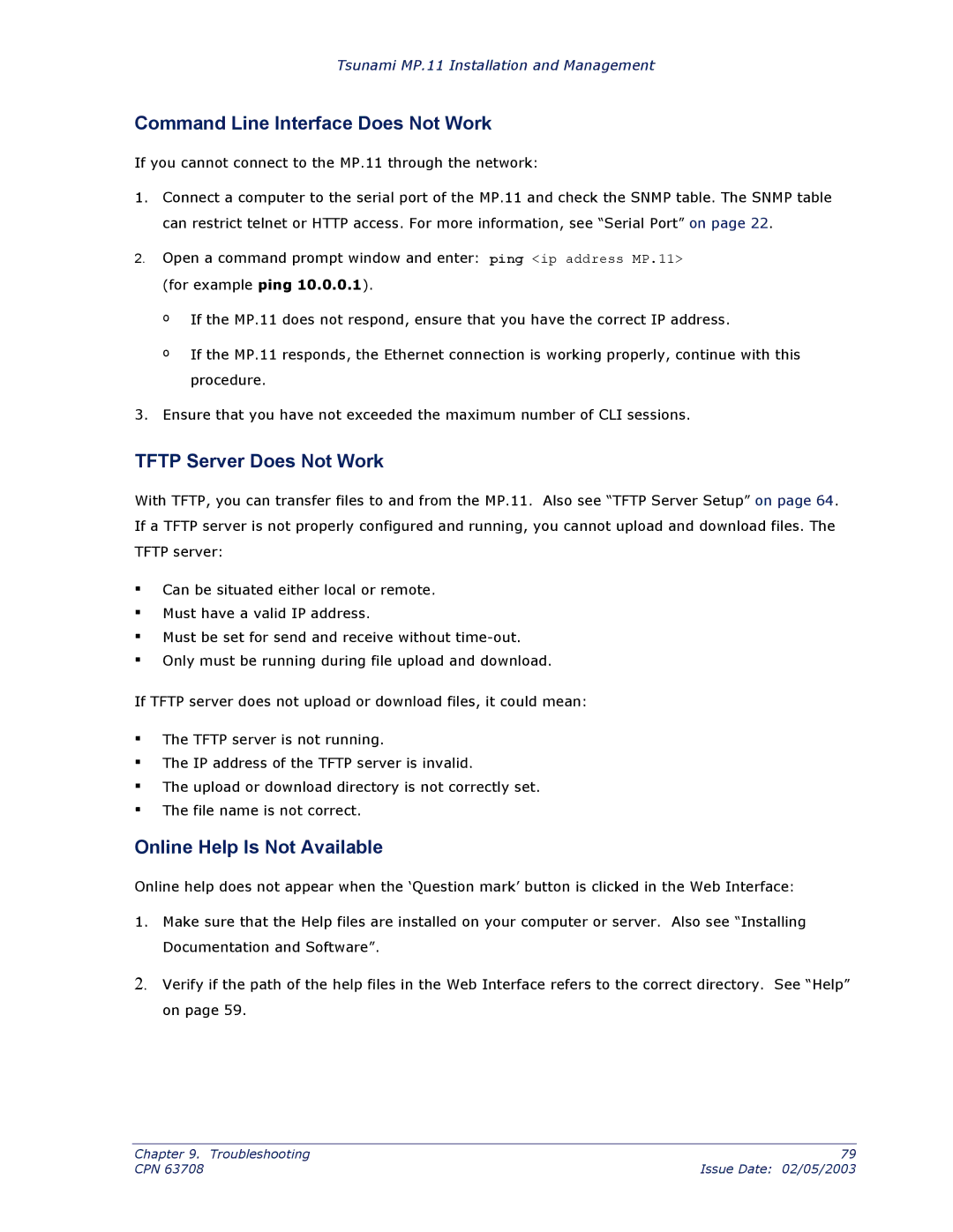 Proxim CPN 63708 manual Command Line Interface Does Not Work, Tftp Server Does Not Work, Online Help Is Not Available 