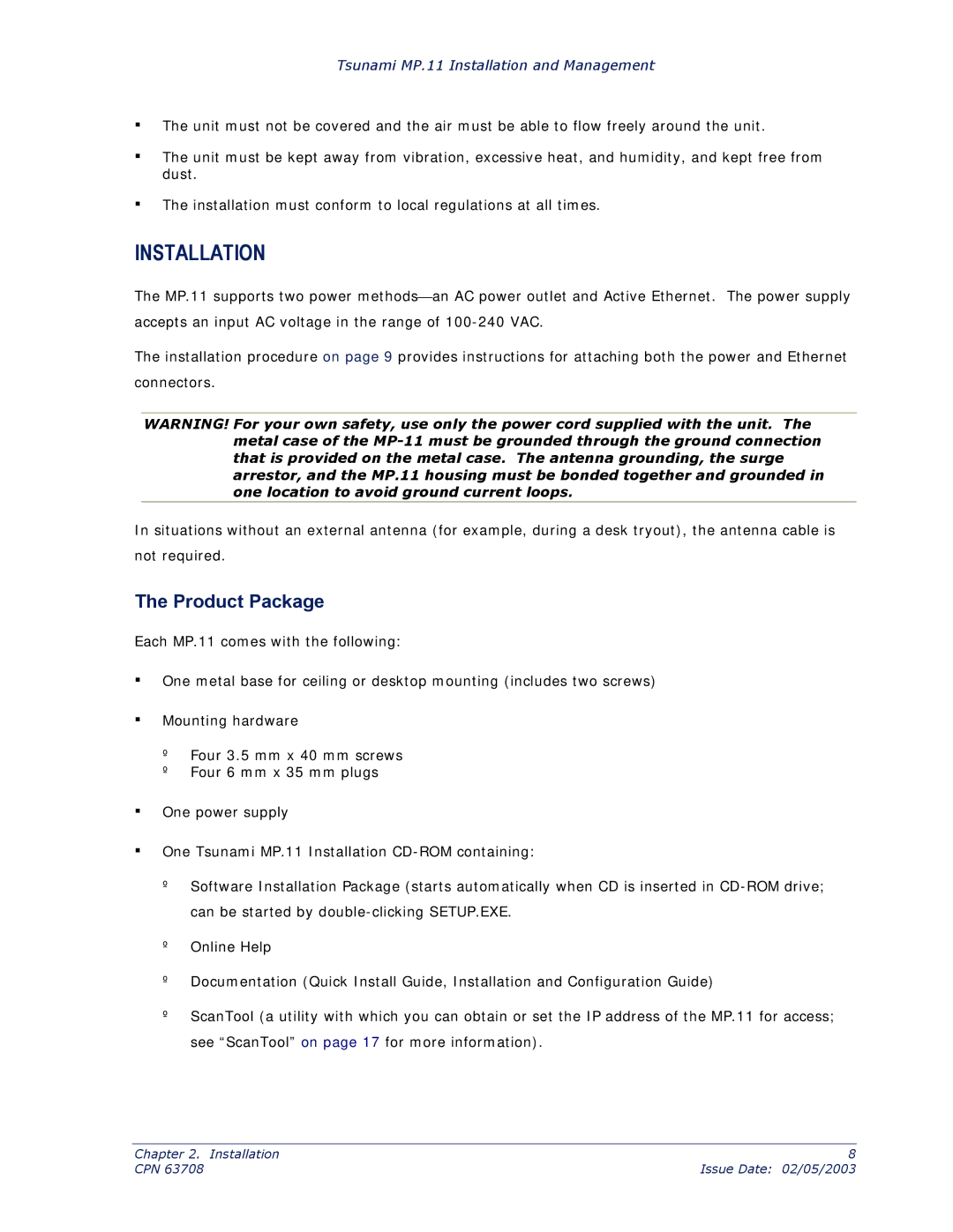 Proxim CPN 63708 manual Installation, Product Package 