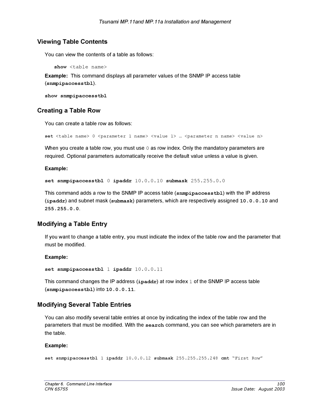 Proxim CPN 65755B Viewing Table Contents, Creating a Table Row, Modifying a Table Entry, Modifying Several Table Entries 