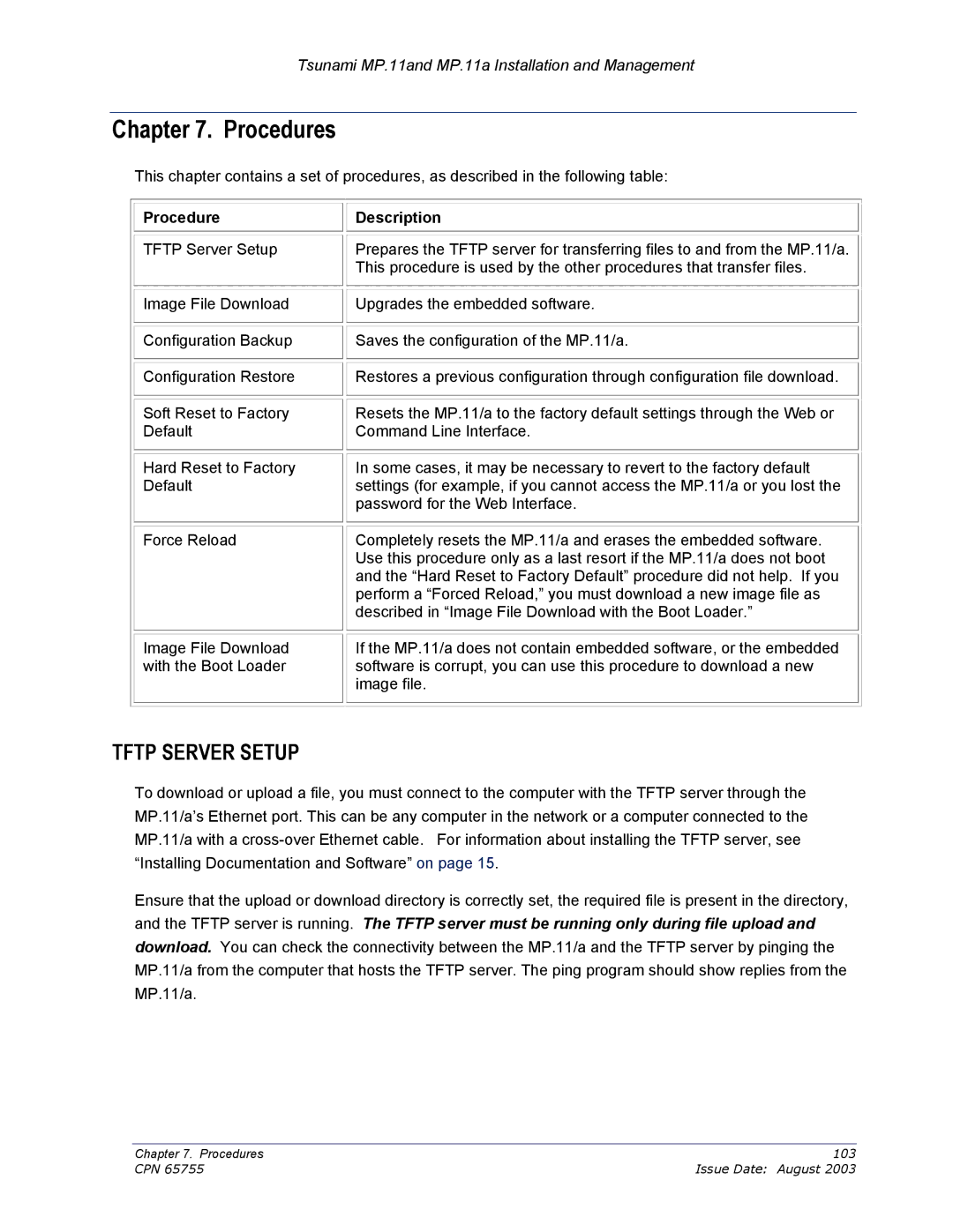 Proxim CPN 65755B manual Procedures, Tftp Server Setup, Procedure Description 