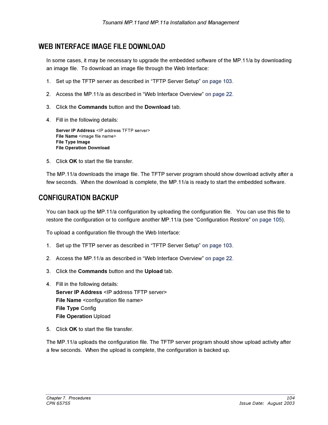 Proxim CPN 65755B manual WEB Interface Image File Download, Configuration Backup, File Type Config File Operation Upload 