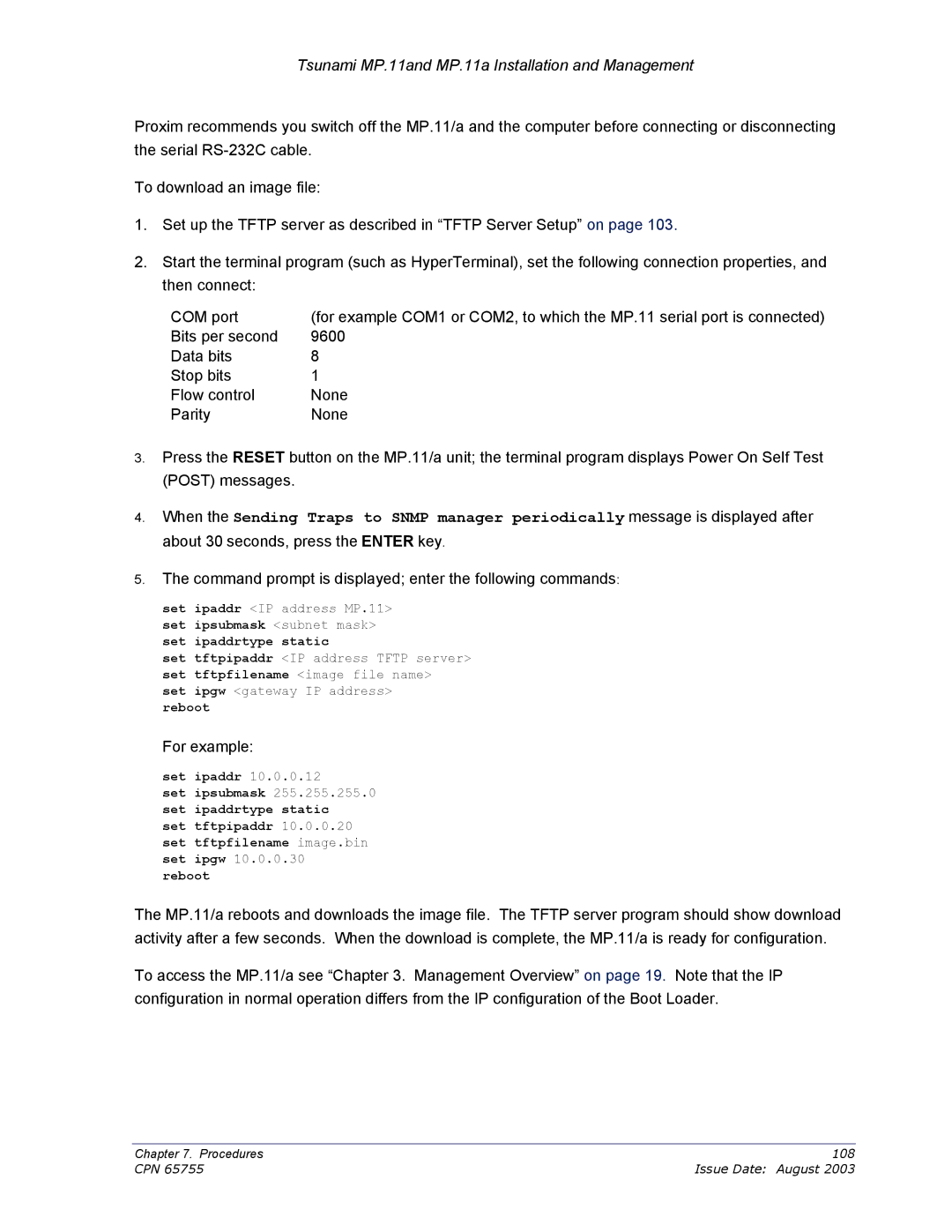 Proxim CPN 65755B manual Command prompt is displayed enter the following commands 