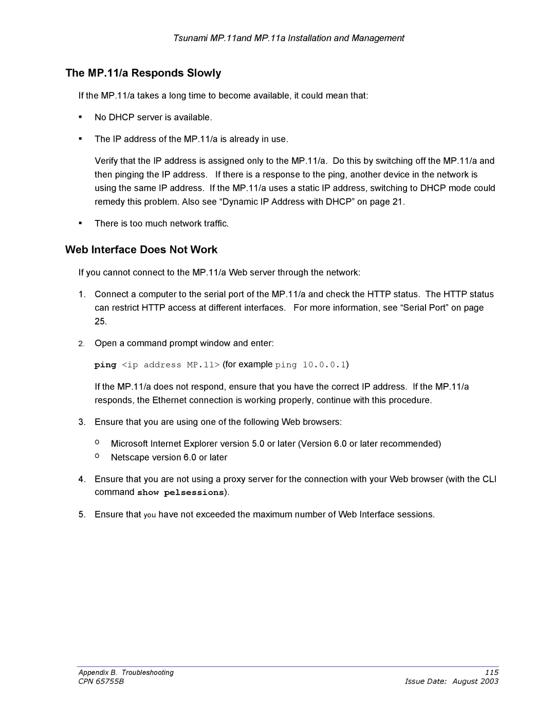 Proxim CPN 65755B manual MP.11/a Responds Slowly, Web Interface Does Not Work, Ping ip address MP.11 for example ping 