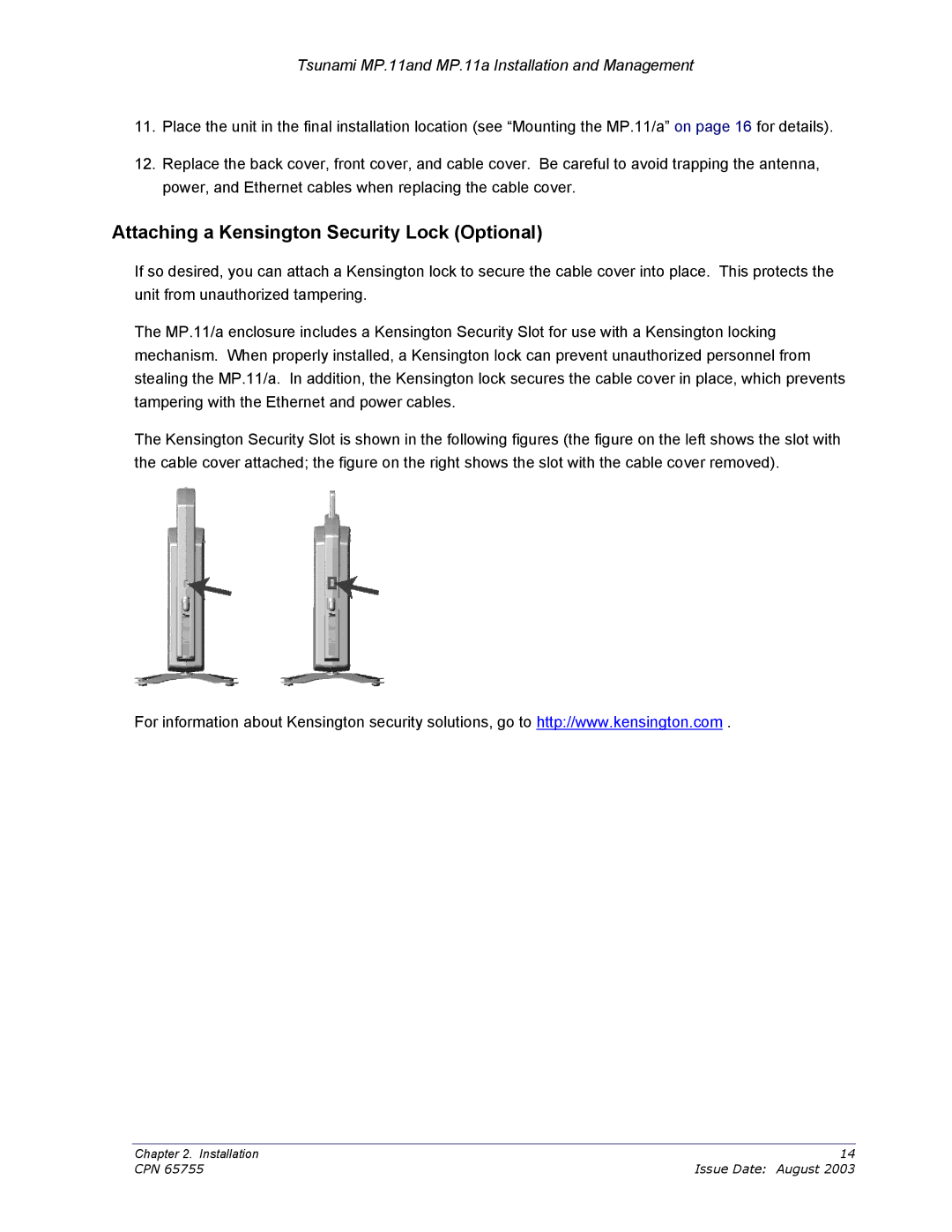 Proxim CPN 65755B manual Attaching a Kensington Security Lock Optional 