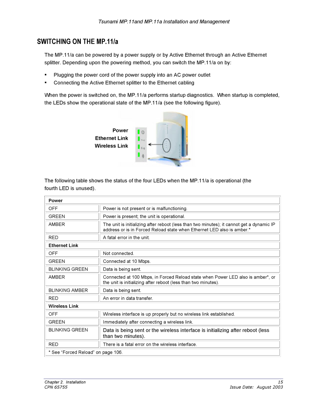 Proxim CPN 65755B manual Switching on the MP.11/a, Power Ethernet Link Wireless Link 