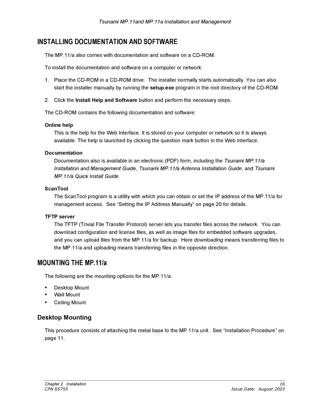 Proxim CPN 65755B manual Installing Documentation and Software, Desktop Mounting, Online help, Documentation ScanTool 