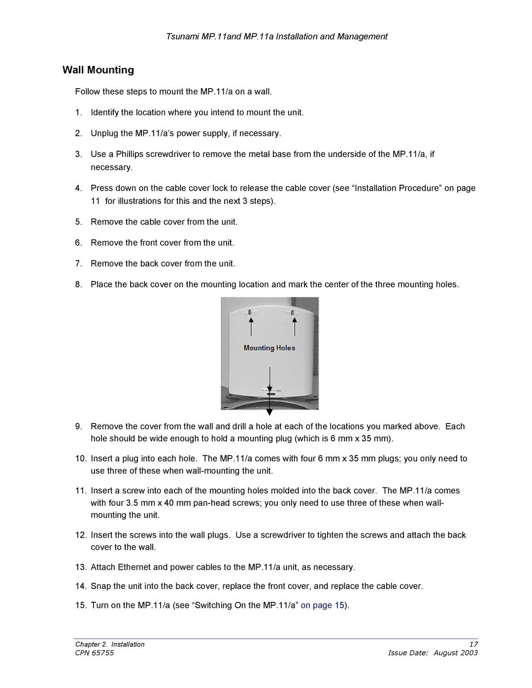 Proxim CPN 65755B manual Wall Mounting 