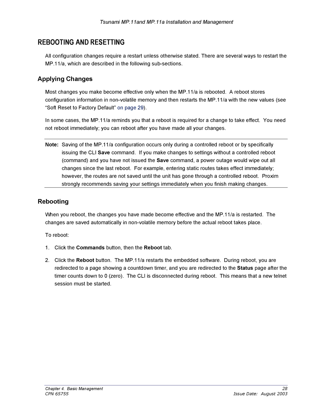 Proxim CPN 65755B manual Rebooting and Resetting, Applying Changes 