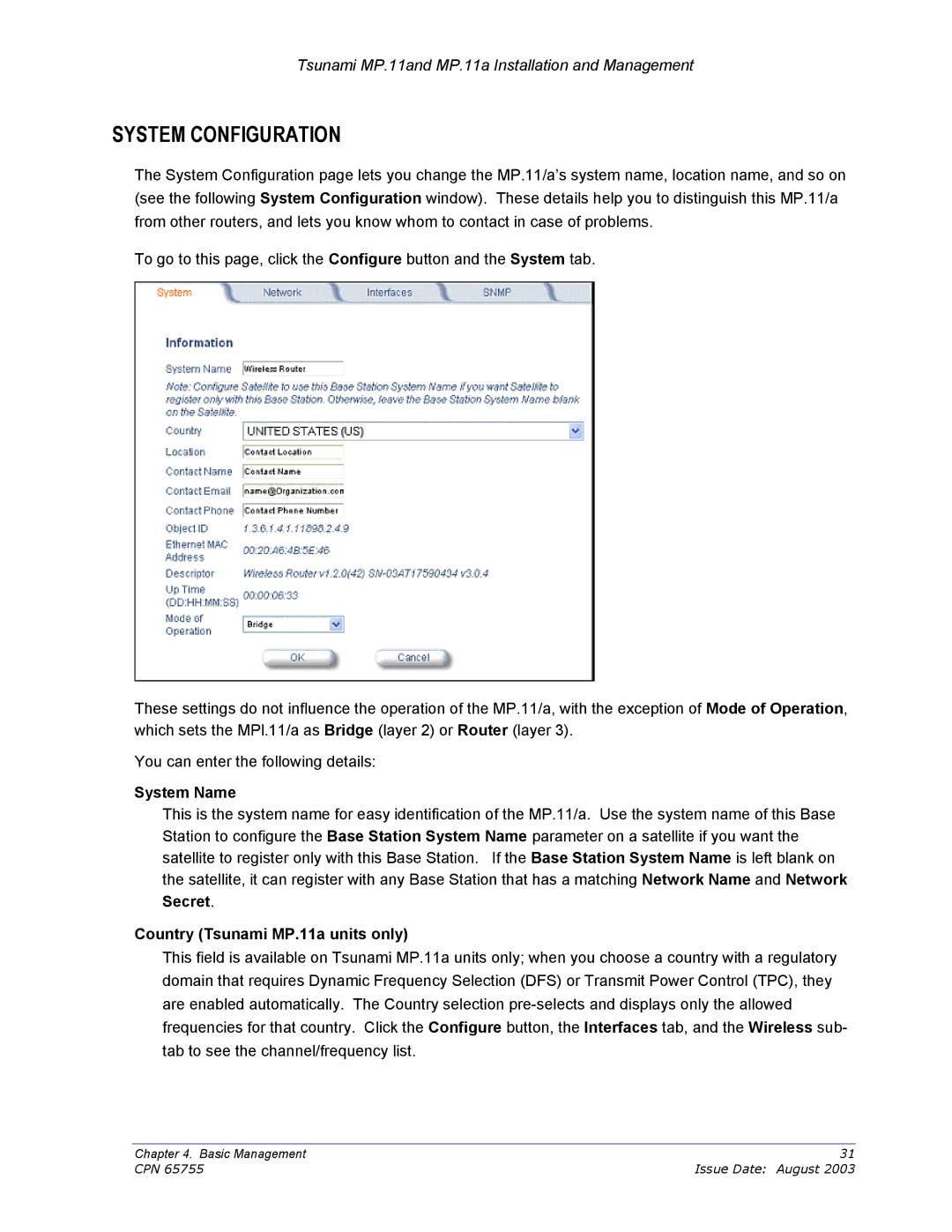 Proxim CPN 65755B manual System Configuration, System Name, Country Tsunami MP.11a units only 